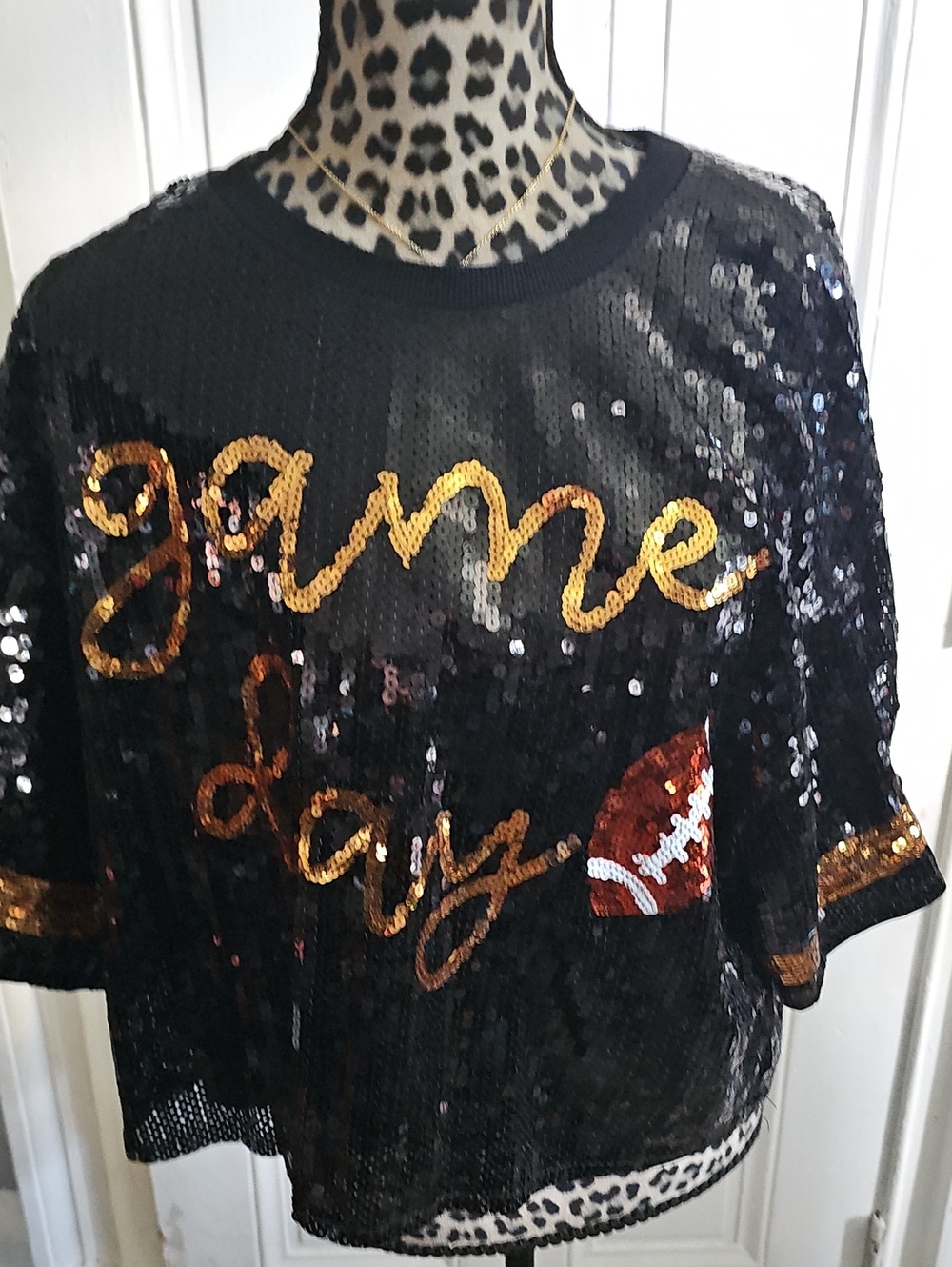 Black Sequin "Game Day" Top with Gold & Red Accents
